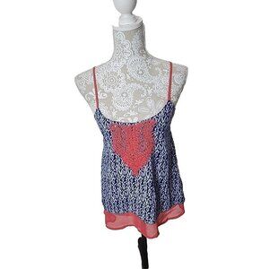 THML Women Blue Print Tank Top Layered Blouse With Embroidery Xsmall XS